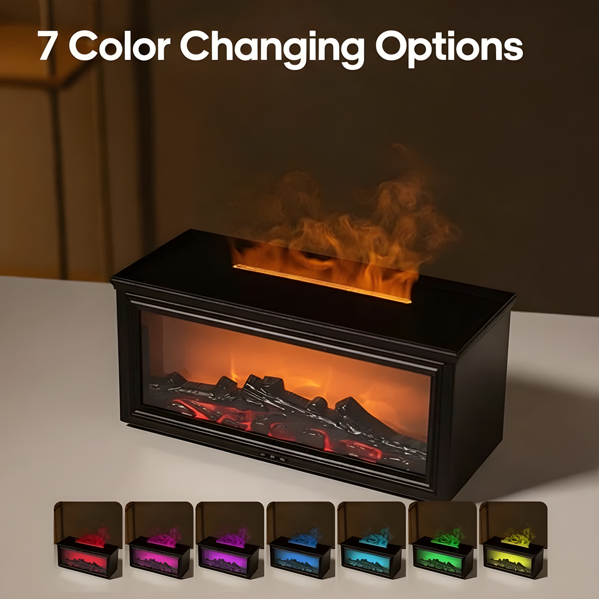 fireplace inspired mist diffuser with color options shown below