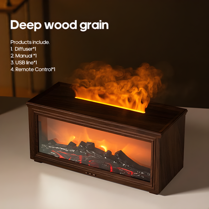 Wooden fireplace diffuser showing Deep Wood Grain color option with flames on a dark background