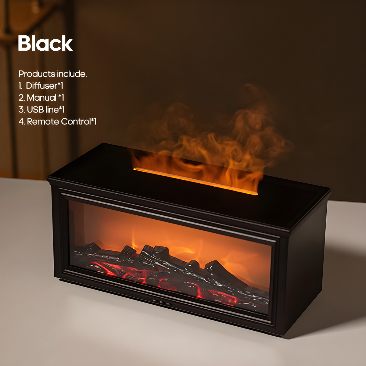 Black electric fireplace with flames on a white surface and dark background