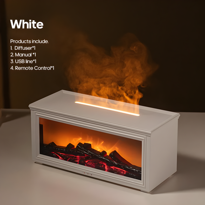  electric fireplace diffuser showing White color option with flames on a dark background