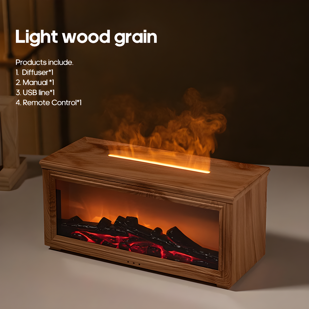 Wooden fireplace diffuser showing Light wood grain color option with text about product components on a dark background