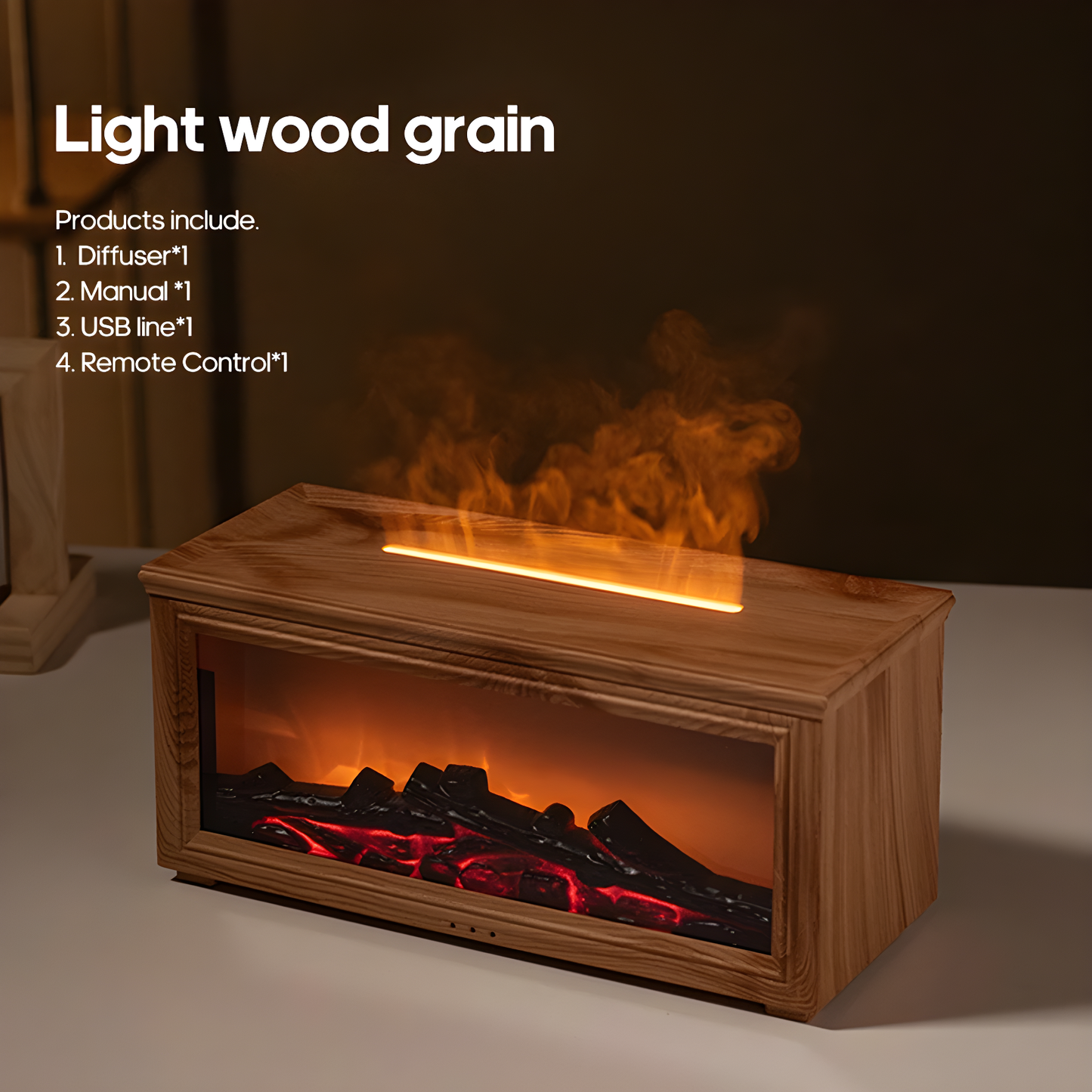 Wooden fireplace diffuser showing Light wood grain color option with text about product components on a dark background