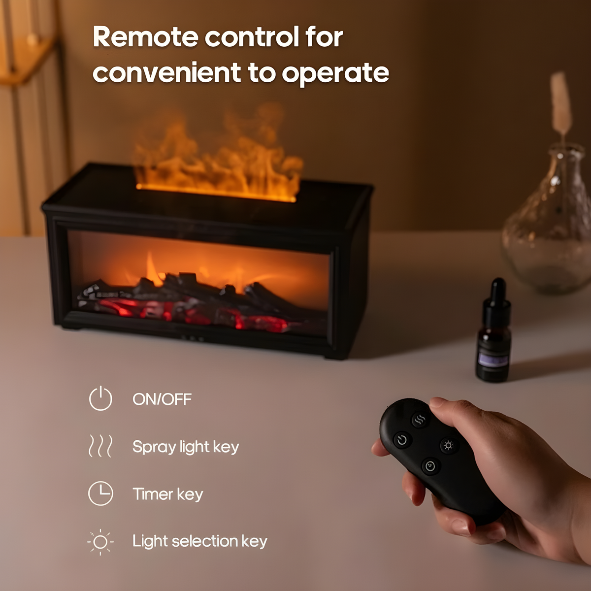 Remote control for a fireplace with flames and a bottle on a table.