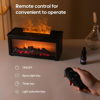 Remote control for a fireplace with flames and a bottle on a table.