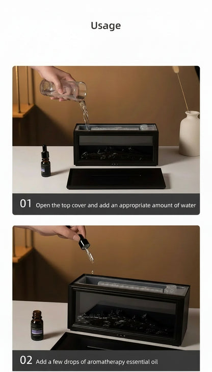 Instructions for using a diffuser with water and essential oil, shown in two steps.